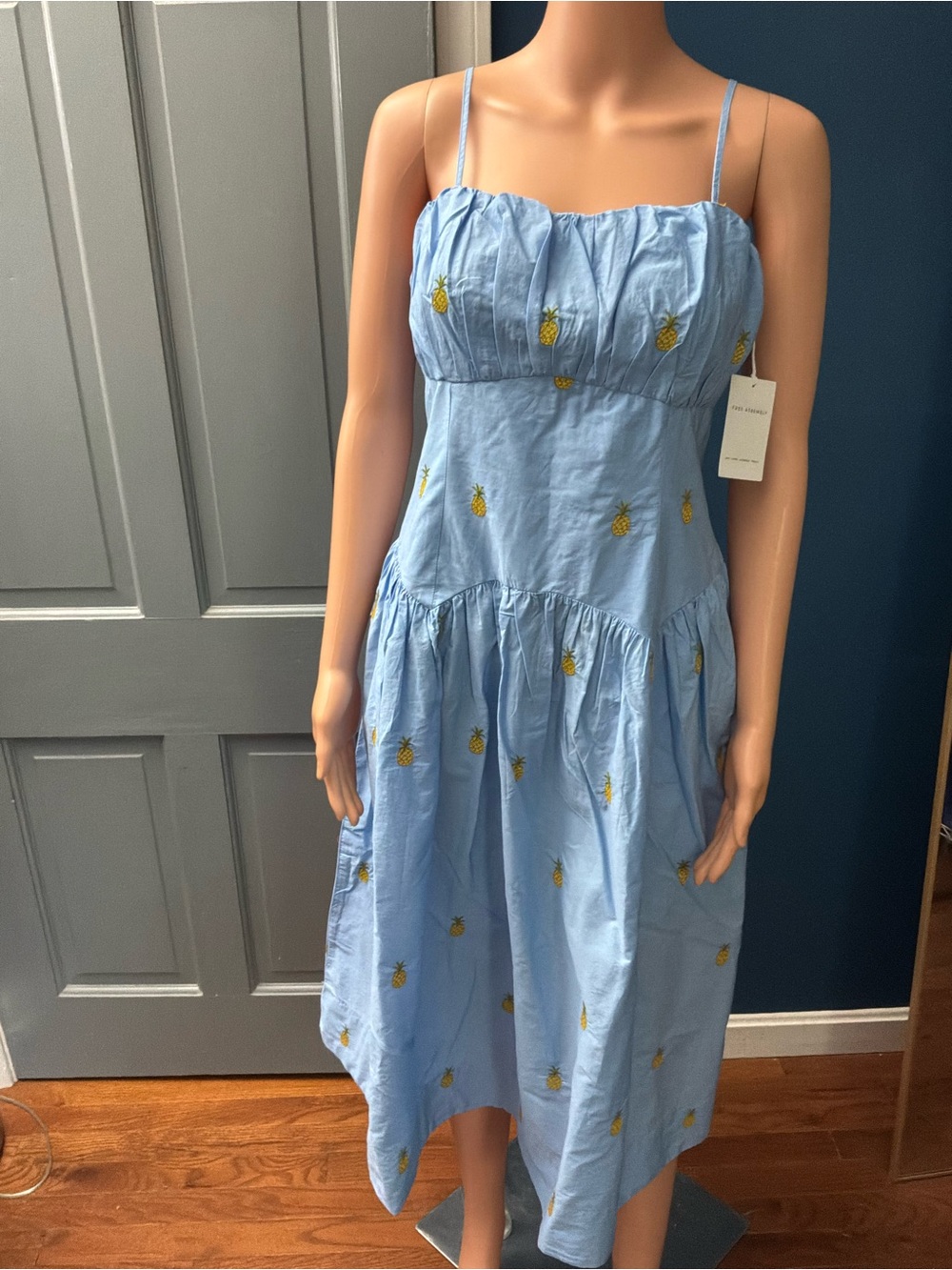 Light Blue Pineapple-Embroidered Midi Sundress
